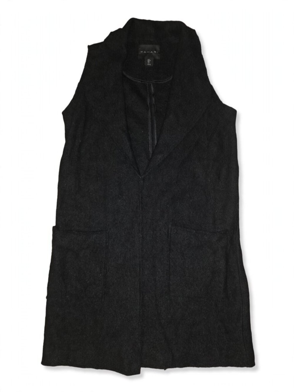 Tahari Black Wool Blend Sleeveless Long Vest S Open Front Dressy Layering